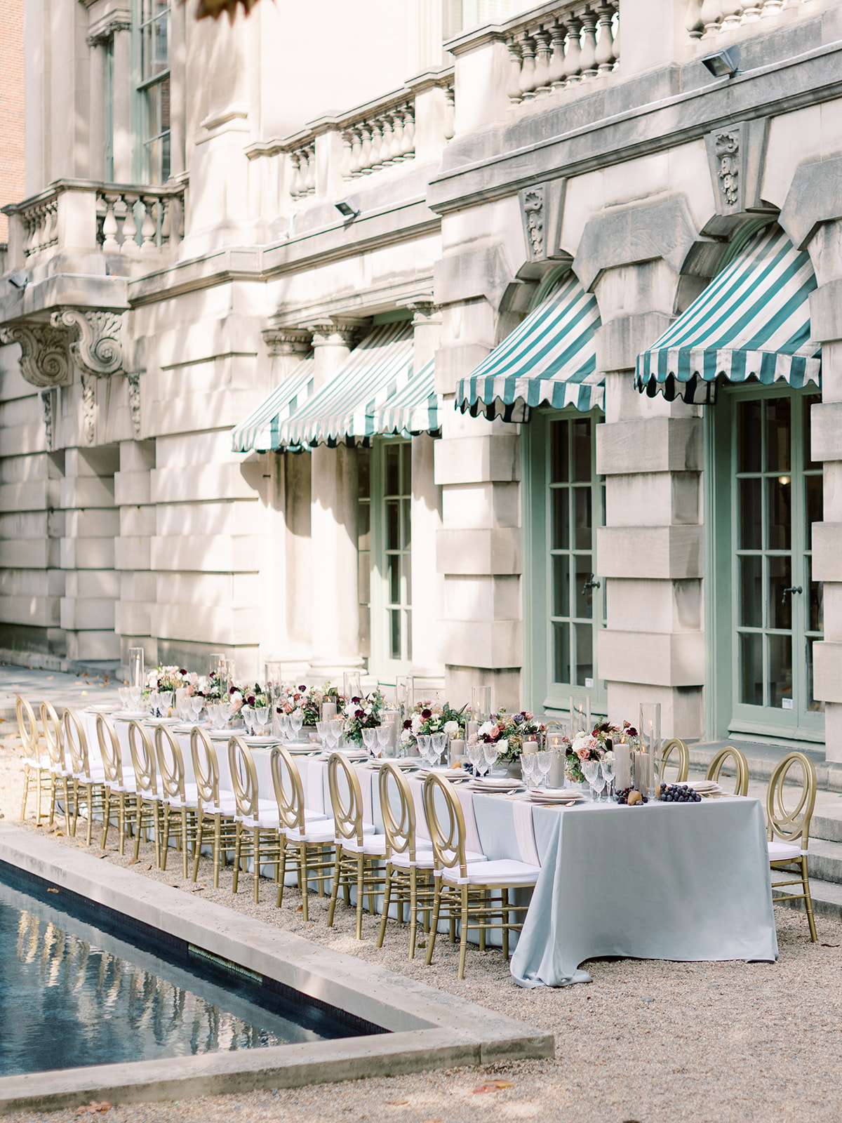 Al fresco wedding reception dinner setup at Larz Anderson House wedding venue in Washington DC.